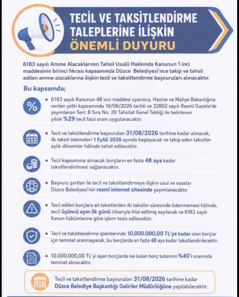 Düzce’de 2026 tecil ve taksitlendirme koşullarını gösteren duyuru afişi