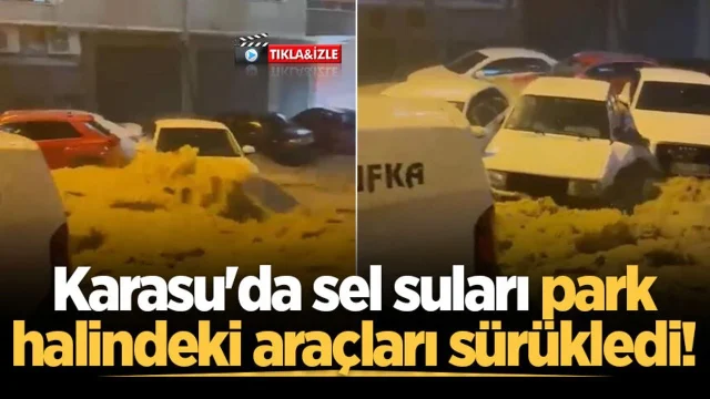 Karasu'da sel suları park halindeki araçları sürükledi!
