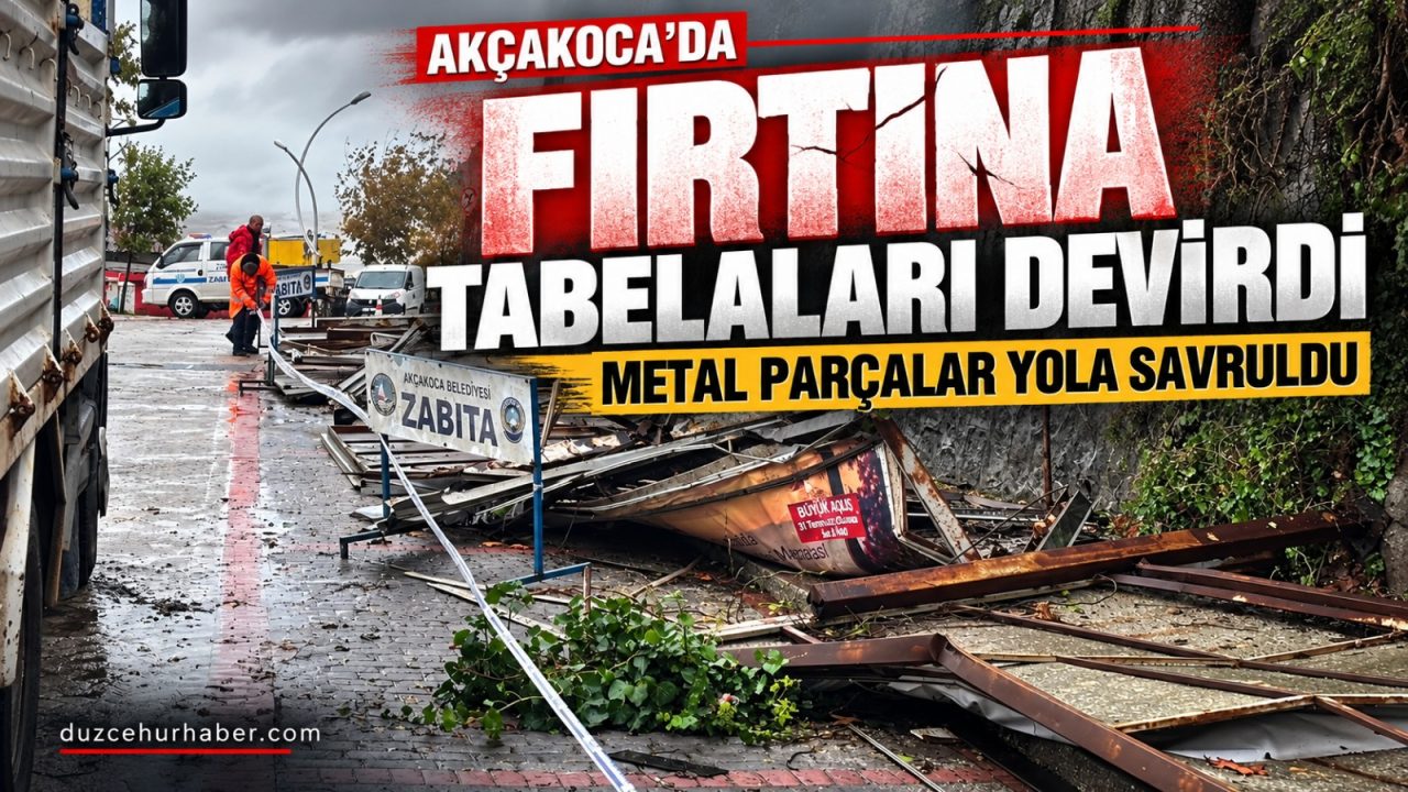 Akçakoca'da fırtına tabelaları devirdi: Metal parçalar yola savruldu